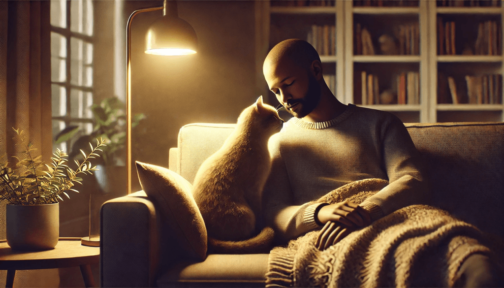 Maître détendu avec son chat sur le canapé de son salon