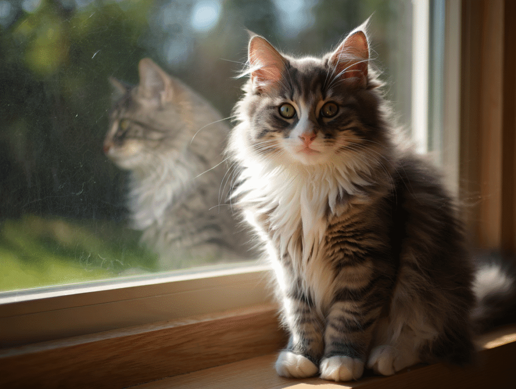 chat norvégien devant une fenêtre d'appartement
