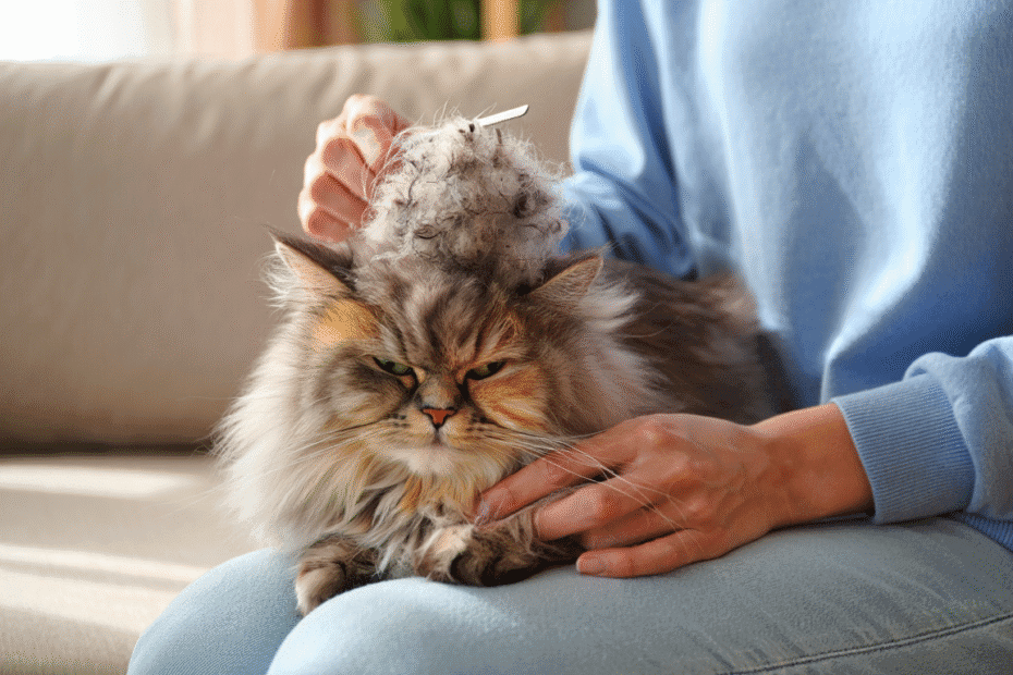 Personne en train de démêler les poils de son chat