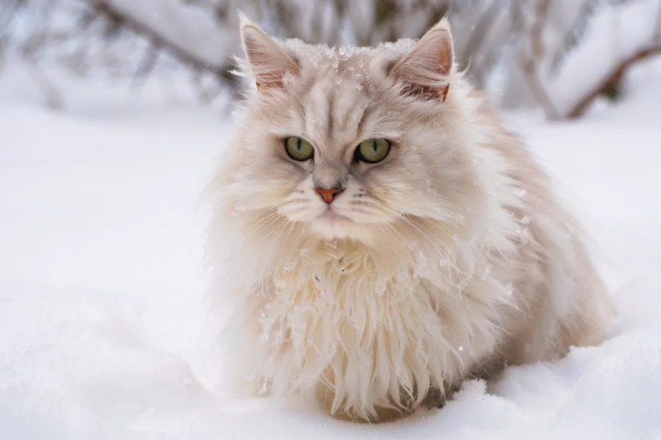 Chat avec de longs poils pendant l'hiver